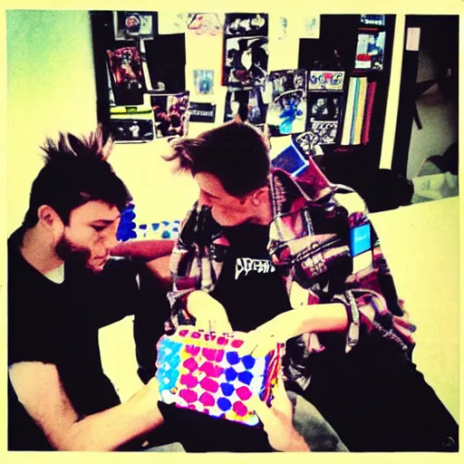 Image similar to Disposable camera picture of punk rockers trying to solve a Rubiks cube