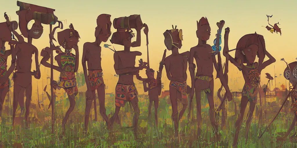 Image similar to a film still from Triplets of Belleville, 4 kids wearing African tribal masks with graffiti war paint stand together ready for battle in an open field in the middle of an African favela , medium shot, waist up, studio Ghibli, Pixar, Disney and animation anime key art by anime key art by Ian McQue, ilya kuvshinov and Greg Rutkowski, Bloom, dramatic lighting global illumination, muted red and grey