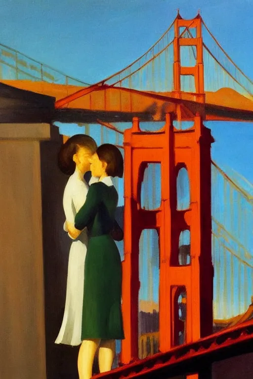 Image similar to edward hopper style!!! a lesbian couple!! romantic, mid century, golden gate bridge in the background!!!