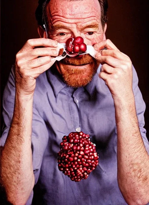 Image similar to portrait of bryan cranston at a cranberry eating contest, bulging cheeks eating cranberries, open mouth, hamster cheeks, studio light, bloom, detailed face, magazine, press, photo, steve mccurry, david lazar, canon, nikon, focus