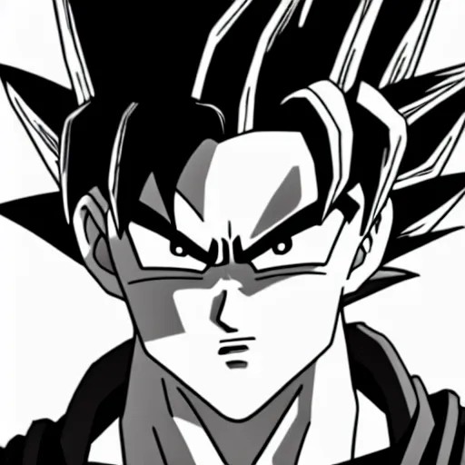 Prompt: Goku Portrait, Poster, in style Yasmine Putri and tVery Epic, 4k resolution, highly detailed, Trend on artstation Black & White Art, Blue fire, white background, sketch, Digital 2D, Character Design,