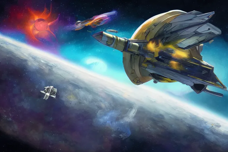 Image similar to a beagle-shaped interdictor spaceship moves through deep space on a mission to eradicate fear and dread, gouache on canvas, style of Stellaris, style of Lockheed Martin, style of aetherpunk, rendered in 32k HUHD, digital photo, Trending on artstation