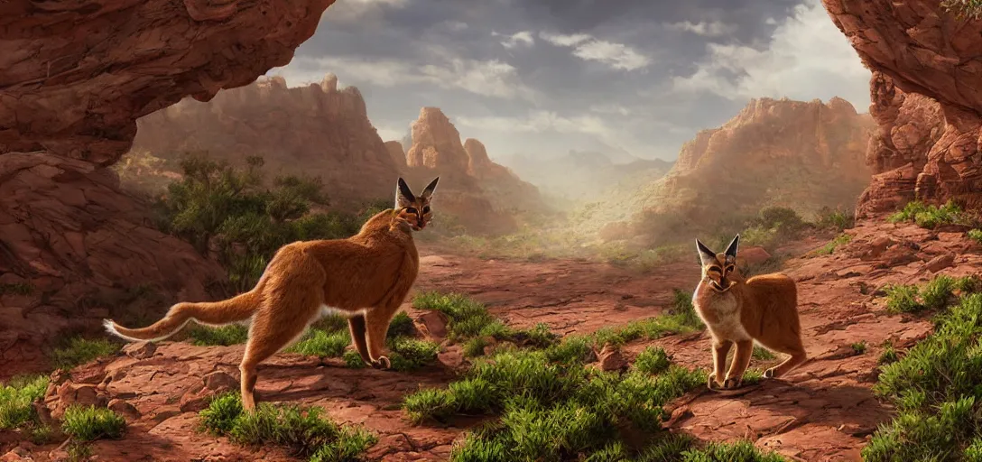 Prompt: cute caracal in beautiful utah desert, rock arcs, lush vegetation, landscape, alex ross, eddie mendoza, raphael lacoste, sebastian ludke, concept art, matte painting, highly detailed, rule of thirds, dynamic lighting, cinematic, detailed, magnificiant landscape, denoised