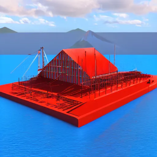 Image similar to steel structure architecture building in the middle of sea with a volcano background, red ship, blue color scheme, realistic, 8 k, artstation.