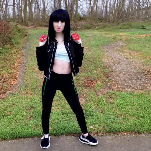 Image similar to black - haired pale - skinned girl with emo hair over eye, green eyes, wearing cherry red jacket and black spandex pants