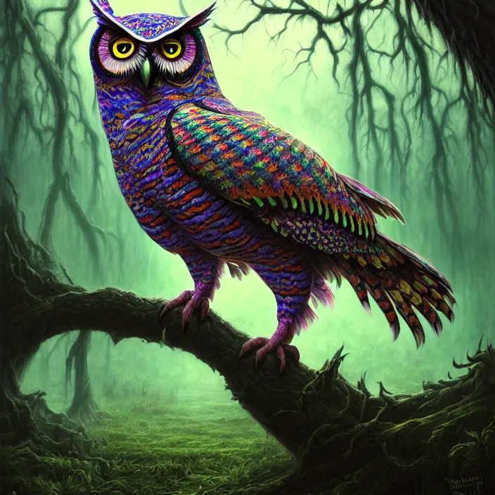 Prompt: psychedelic owl in haunted swamp, highly detailed, d & d, fantasy, highly detailed, digital painting, trending on artstation, concept art, sharp focus, illustration, oil on canvas, global illumination, ray tracing, realistic shaded, art by artgerm and greg rutkowski and fuji choko and viktoria gavrilenko and hoang lap