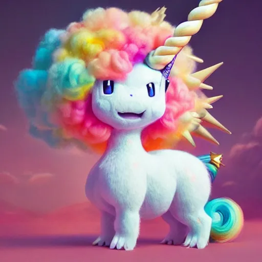 Image similar to a fluffy unicorn pokemon:: by Martine Johanna and Simon Stålenhag and Chie Yoshii and Casey Weldon and Guillermo del toro :: ornate, dynamic, particulate, pastel colors, intricate, elegant, highly detailed, centered, artstation, smooth, sharp focus, octane render, 3d