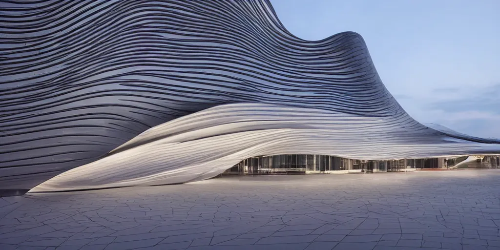 Image similar to extremely elegant smooth detailed stunning sophisticated beautiful elegant futuristic museum exterior by Zaha Hadid, Milan buildings in the background, smooth curvilinear design, stunning volumetric light, stainless steal, concrete, translucent material, beautiful sunset, tail lights