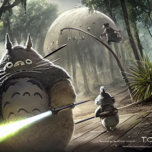 Image similar to totoro jedi slaying with lord, intricate detail, royo, klimt, miro, vallejo, frazetta, giger, whealan, hd, unreal engine,