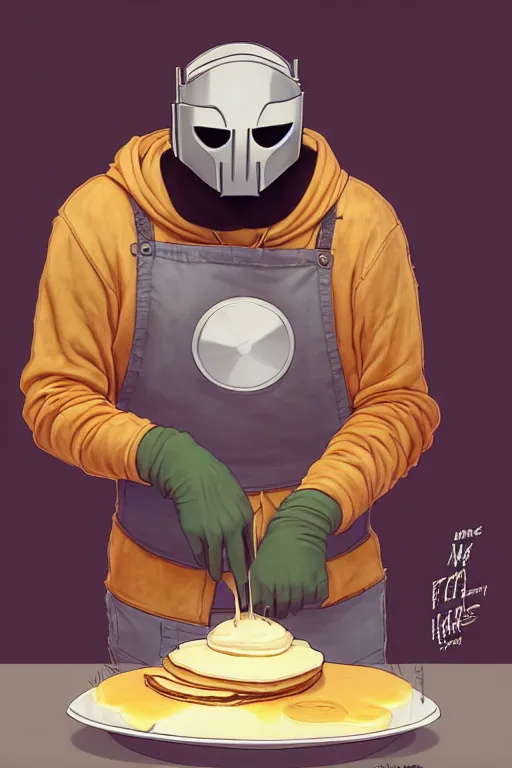 Image similar to mf doom making pancakes, animation pixar style, by pendleton ward, magali villeneuve, artgerm, rob rey and kentaro miura style, golden ratio, trending on art station