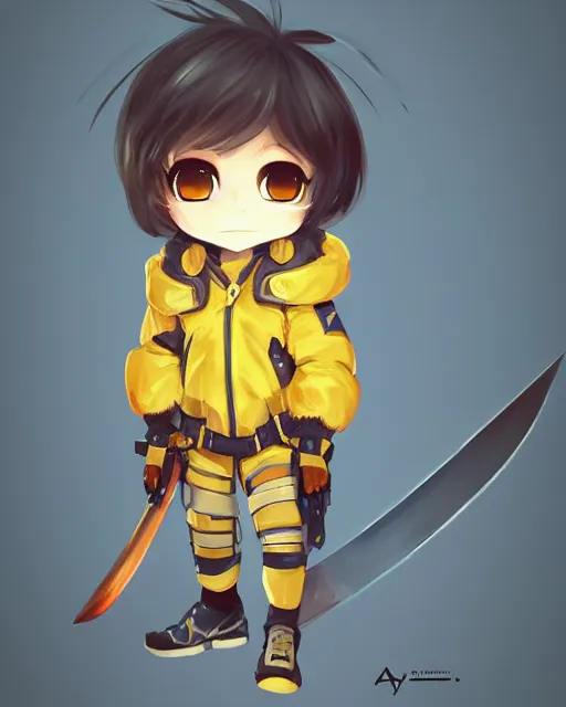 Prompt: a chibi combat kid wearing a puffy yellow jacket and a katana, smooth, intricate, elegant, digital painting, artstation, concept art, sharp focus, octane render, illustration, art by ayami kojima, overwatch character,