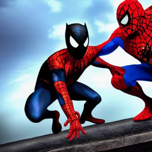 Image similar to Spiderman and Batman fighting.