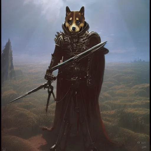 Image similar to game : gothic 2 paladin armor, anthropomorphic shiba inu, shiba inu face, stuning 3 d render, masterpiece, glowing aura, by donato giancola and greg rutkowski and wayne barlow and zdzisław beksinski, realistic face