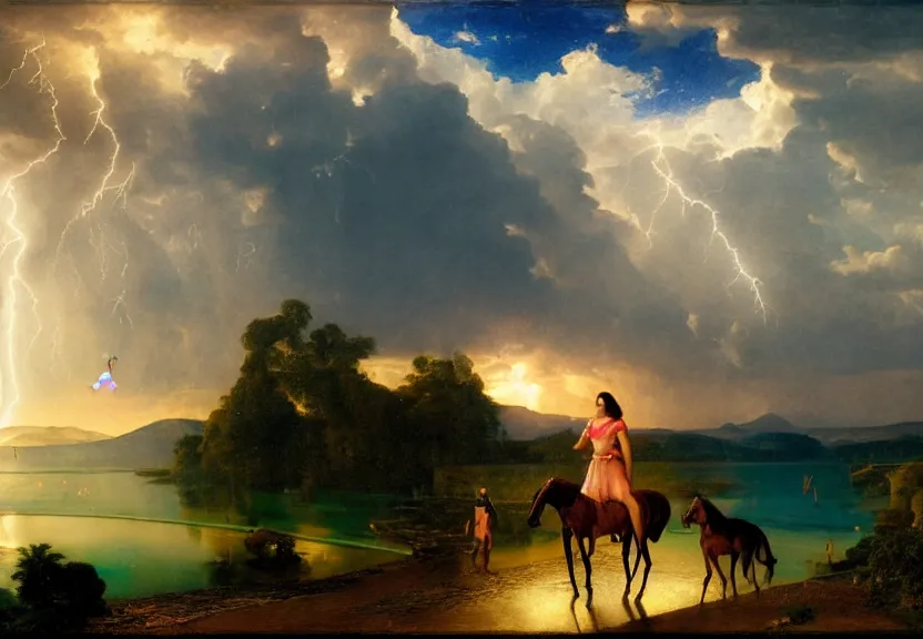 Image similar to Girl riding the horse on the palace bridge, refracted sparkles, thunderstorm, greek pool, beach and Tropical vegetation on the background major arcana sky, by paul delaroche, hyperrealistic 4k uhd, award-winning, very very very detailed