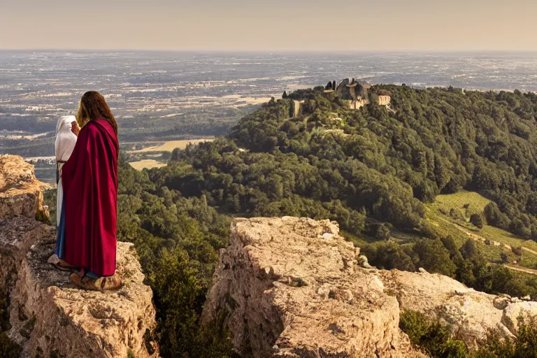 Image similar to a unique digital photo of jesus and mary magdalene standing on a cliff looking over a beautiful landscape in france, rennes - le - chateau, award winning photo, very detailed, very realistic cinematic