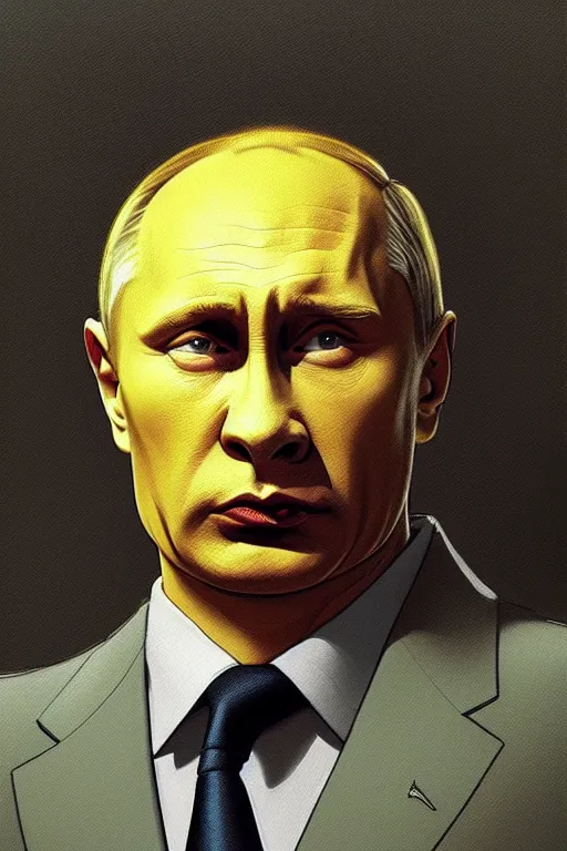 Image similar to vladimir putin as a yellow funny homer simpson, realistic portrait, symmetrical, highly detailed, digital painting, artstation, concept art, smooth, sharp focus, illustration, cinematic lighting, art by artgerm and greg rutkowski and alphonse mucha