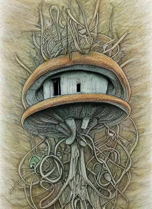 Image similar to a hybrid between a mushroom and a house,, insanely detailed, studio light, hr giger, colored pencil