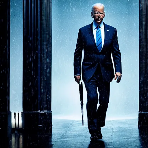 Prompt: joe biden as john wick, 4 k, hyper realistic, dslr, high resolution, landscape, beautiful