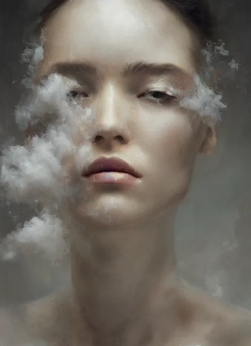 Prompt: portrait of beautiful woman dissolving, made of dust smoke ash, intricate, elegant, highly detailed, digital photography, art by artgerm ruan jia and greg rutkowski