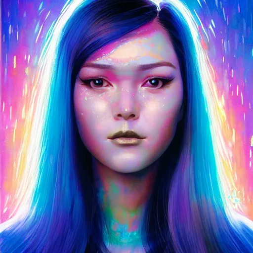 Image similar to smirking hologram woman with cute - fine - face, pretty face, oil slick hair, realistic shaded perfect face, extremely fine details, by realistic shaded lighting, dynamic background, poster by ilya kuvshinov katsuhiro otomo, magali villeneuve, artgerm, jeremy lipkin and michael garmash and rob rey, pascal blanche, kan liu