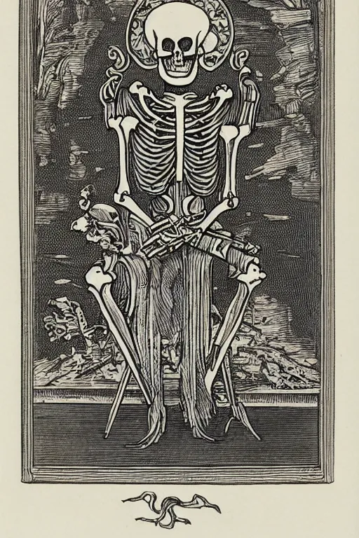 Image similar to tarot card of a king’s skeleton sitting on a decaying ancient throne, ornate frame, detailed