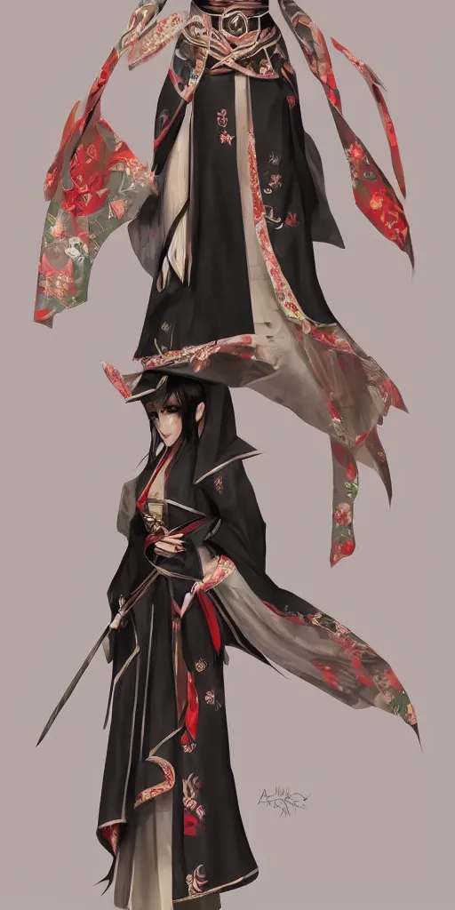 Prompt: beautiful gorgeous elf woman in dress mix of kimono and european colonial dress mediaval, ardeco, octan render, stylized in blizzard style, black hair, concept artstation, front camera view