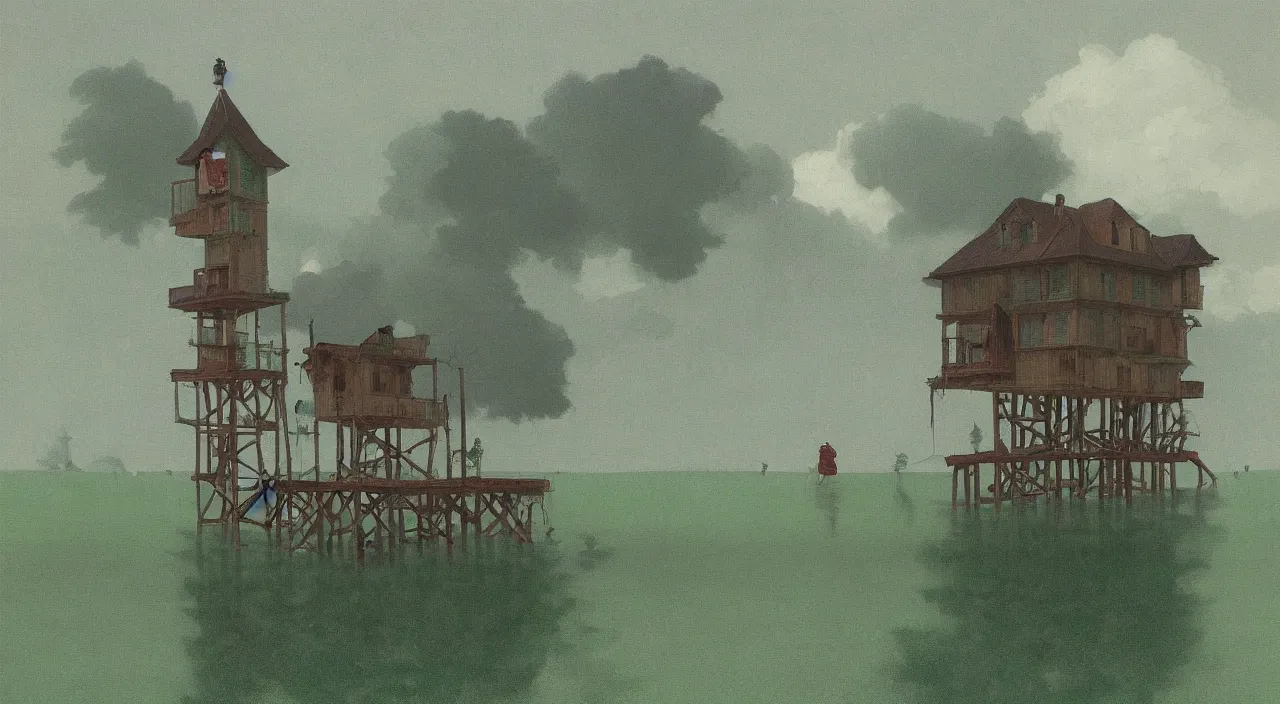 Image similar to single flooded simple wooden green tower, very coherent and colorful high contrast!! masterpiece by rene magritte simon stalenhag carl spitzweg syd mead norman rockwell edward hopper james gilleard, minimalist, dark shadows, sunny day, hard lighting
