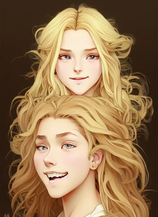 Prompt: young blond girl with long curly, golden hair, perfectly proportioned face, brown eyes, sweet smile, strong jawline,, natural lighting, path traced, highly detailed, high quality, cartoon, digital painting, by new haicheng and studio ghibli and alphonse mucha