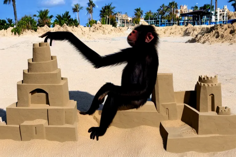 Image similar to a monkey touching a completed sand castle