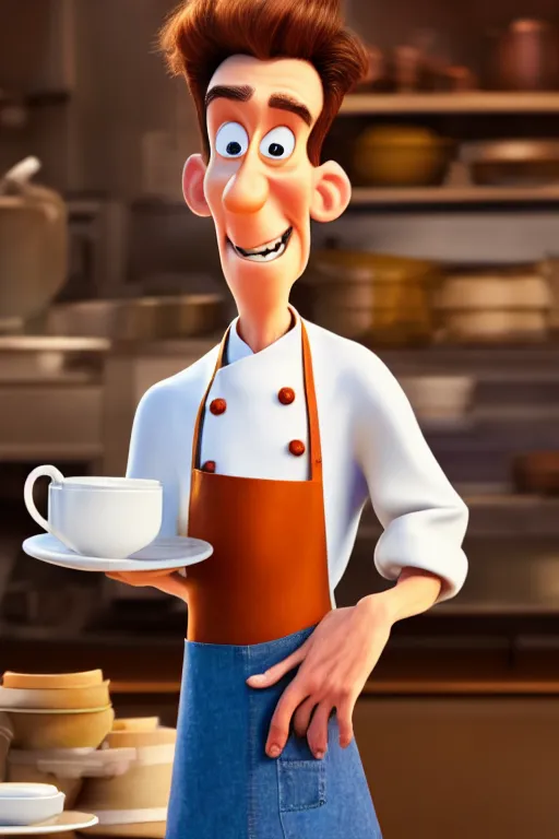 Prompt: portrait of a serious chef holding a cup of coffee with the kitchen in background, full body. pixar disney 4 k 3 d render funny animation movie oscar winning trending on artstation and behance, ratatouille style