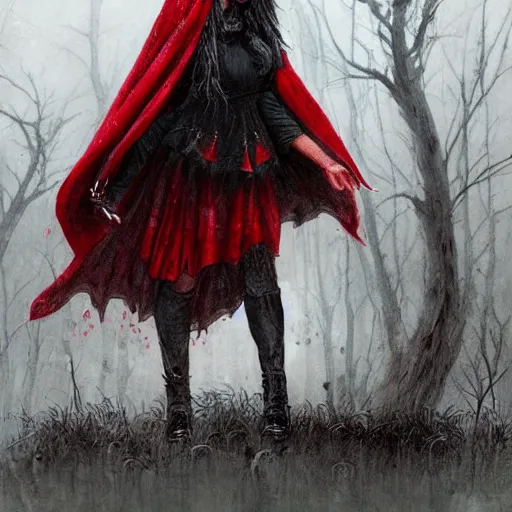 Image similar to cute gothic little red riding hood in the rain, detailed intricate ink illustration, dark atmosphere, detailed illustration, hd, 4k, digital art, overdetailed art, concept art, by greg rutkowski, by loish, complementing colors, Trending on artstation, deviantart