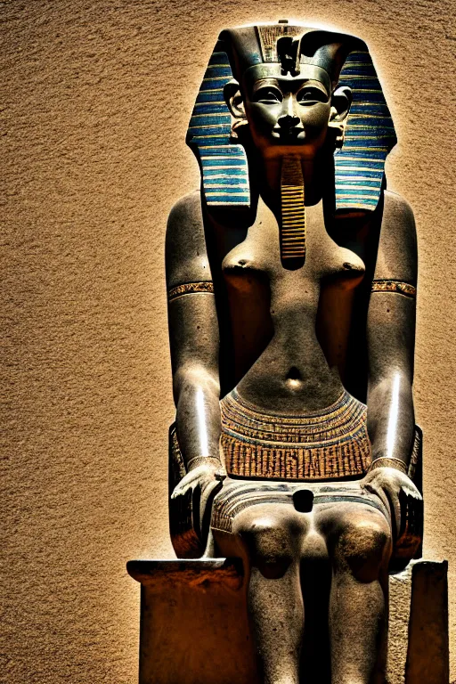 Image similar to photo of the ancient egyptian statue of biker, symmetrical, cinematic, real dlsr photography, sharp focus, 4 k, ultra hd, sense of awe, archeology journal cover