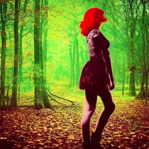 Image similar to “glitchcore album cover red head singer girl standing in a forest”