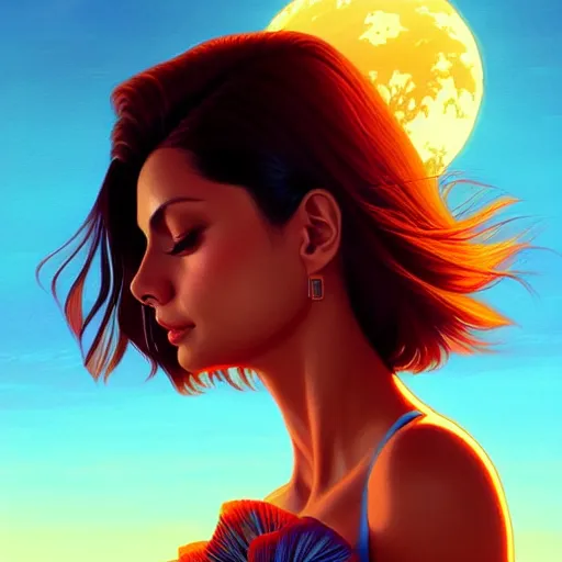 Image similar to Morena Baccarin, sunset background, intricate, highly detailed, digital painting, artstation, official media, anime key visual, concept art, rich vivid colors, ambient lighting, sharp focus, illustration, art by Artgerm, Makoto Shinkai, Ilya Kuvshinov, Lois Van Baarle, and Rossdraws