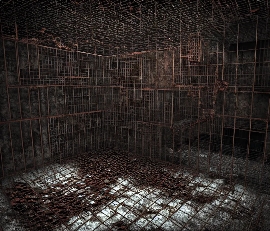 Prompt: An underground very dark gloomy multi-layered structure of rusty thick iron grates, dense chain-link fencing and peeling walls. A humanoid with very long limbs sits on the floor. Inside view, collapsed floors, rusted iron, masterpiece, black background, corners, cinematic, hyperdetailed, photorealistic, hyperrealism, octane render, 8k, depth of field, bokeh, architecture, shadows, art by Zdzisław Beksiński, Arthur Rackham, Dariusz Zawadzki