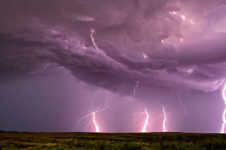 Image similar to a photograph of a tornado tornado tornado, thunderstorm supercell, lightning bolts, illuminated from various angles by setting sun light, cinematic, dramatic lighting, clouds mystic hue