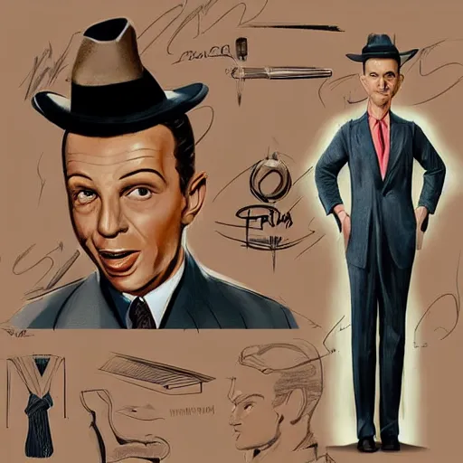 Image similar to perfect composition, subdued color palette, award-winning concept art, detailed digital painting, airbrushed, low contrast: costume design for young Frank Sinatra as a poor 1950s bartender. Volumetric cinematic lighting, great attention to perfect anatomy, special attention to posing, great attention to realistic facial expression, faithful cinematic color scheme, perfectly coherent. In the style of: Greg Rutkowski, Francis Bacon, Syd Mead, Norman Rockwell, Beksinski, Edward Hopper, James Gilleard, Ilya Kuyshinov, WLOP, Stanley Artgerm, Takato Yamamoto, and James Jean.