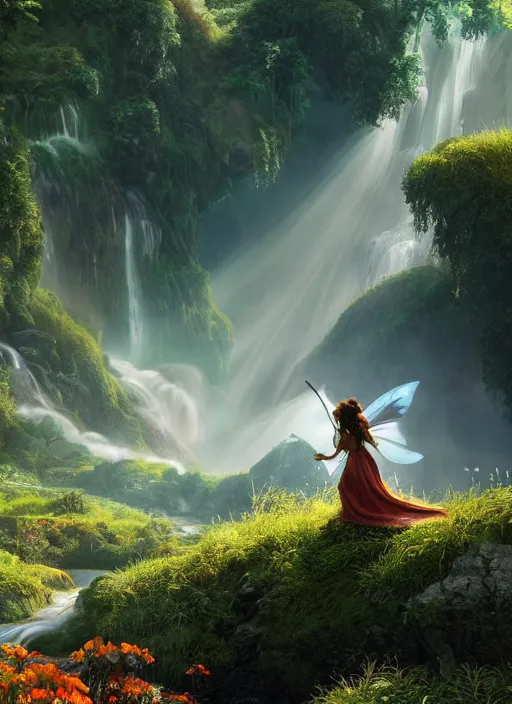 Image similar to an elegant fairy playing in the distance, lord of the rings scenery landscape, a vast lush valley flowers and mushroom structures, stream, sunrise, god's rays highly detailed, vivid color, cinematic lighting, perfect composition, 8 k, gustave dore, derek zabrocki, greg rutkowski, belsinski, octane render