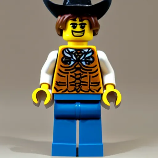 Prompt: lego minifigure cowboy with shaggy brown hair and a short beard, lego minifigure, product photo, 4k
