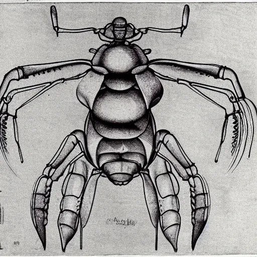 Image similar to detailed color technical drawing of alien bugs by da vinci