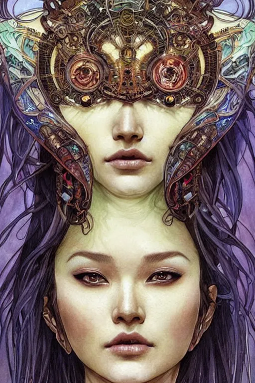 Prompt: beautiful and exotic and other-worldly alien queen portrait, sparkling eyes + front face with thick flowing hair, perfectly symmetrical facial features and muscle anatomy, ultradetailed art and illustration by jia ruan and chris bachalo and arthur suydam and alphonse mucha, fantasy, intricate complexity, scientific human structure, accurate human anatomy, fantasy character concept, watercolor, bleed, hyperrealism 8k