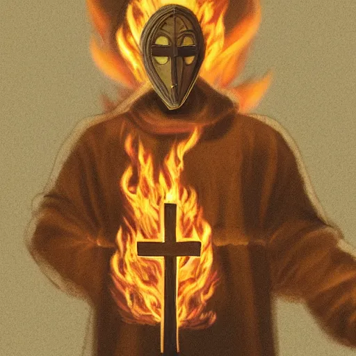 Prompt: A photo of a man wearing a mask holding a cross on fire in the night, 8K concept art, detailed, vintage camera