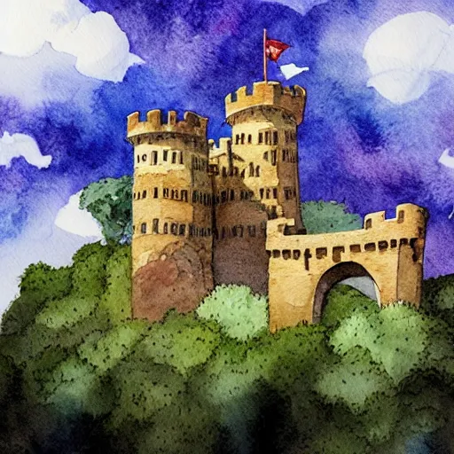 Image similar to laputa castle in the sky flies over the forest, watercolor illustration for a book