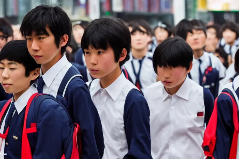 Image similar to close up photo of a japanese middle school boy wearing his school uniform at shibuya crossing, red weapon 8 k s 3 5, cooke anamorphic / i lenses, highly detailed, cinematic lighting