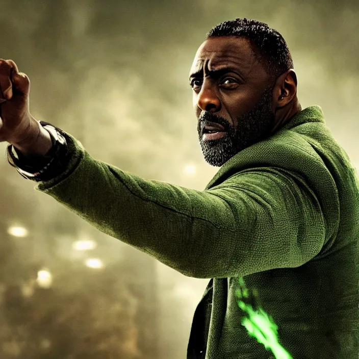 Image similar to film still of Idris Elba as Green Lanturn in new DC film, photorealistic 4k