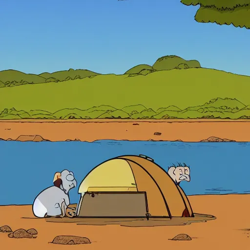 Prompt: capybaras camping on the seaside by yuga labs and by matt groening-n 9