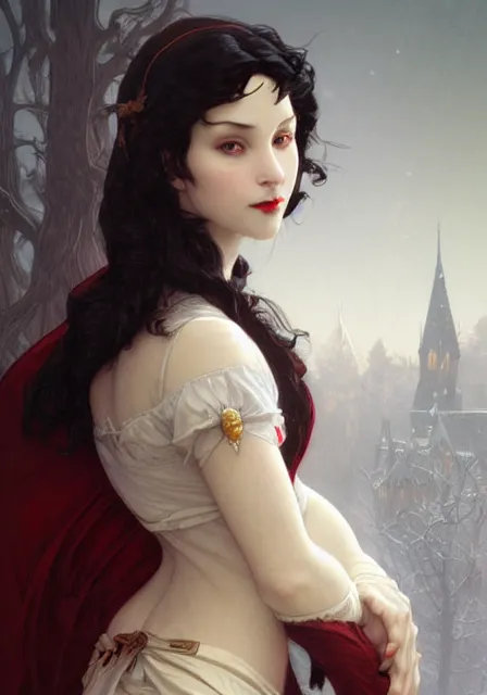 Prompt: snow white vampire, intricate, elegant, highly detailed, digital painting, artstation, concept art, smooth, sharp focus, illustration, art by artgerm and greg rutkowski and alphonse mucha and william - adolphe bouguereau