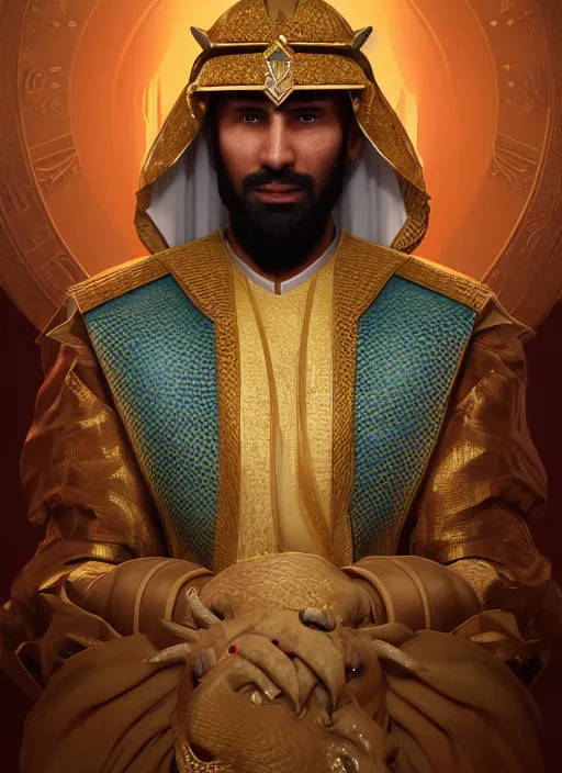 Image similar to portrait of sheikh ruler of dubai, dragon, head and torso only, cinematic lighting, studio quality, smooth render, unreal engine 5 rendered, octane rendered, art style by klimt and nixeu and ian sprigger and wlop and krenz cushart.