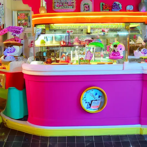 Prompt: a colorful fanciful ice cream parlor counter in the style of arnold lobel