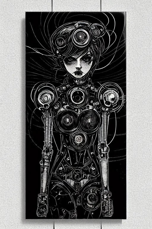 Image similar to dreamy gothic girl, abstract black leather, gear mecha, beautiful woman body, detailed acrylic, grunge, intricate complexity, by dan mumford and by alberto giacometti, peter lindbergh
